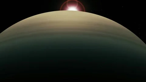 Large planet in deep space with bright sun flare rising behind it and a dar.. Stock Footage 340388146