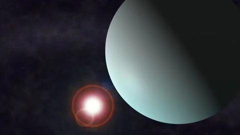 Large planet in deep space with glowing star light and dark starry background Stock Footage 340382885