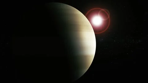 A large planet in space with a bright star glowing nearby against a dark st.. Stock Footage 340382844