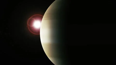 A large planet in space with a bright sun flare, dark star field, and drama.. Stock Footage 340382854