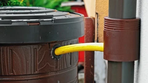 Large Plastic Barrell Connected with Hose To Rain Gutter Collecting Rainwater Stock Footage 205579690