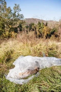 Large plastic sheet abandoned in the fields in the middle of the nature 写真素材