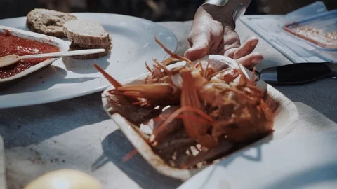 Large plate of boiled crayfish on a table Stock Footage 99304917