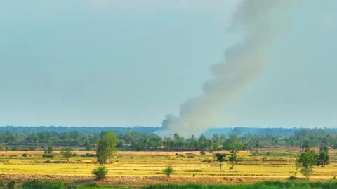A large plume of black smoke rises over a sparsely vegetated landscape. 動画素材 274936017
