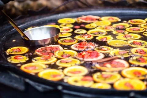 A large pot in which mulled wine is cooked Stock Photos
