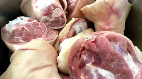 Large pots full of  raw pork shank, at a restaurant kitchen Stock Footage 56599411