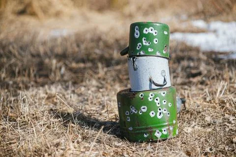 Large pots shot with large bullets instead of field targets Stock Photos