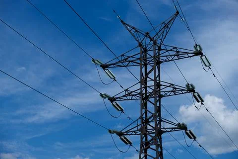 Large power line support for high voltage electrical wires Stock Photos