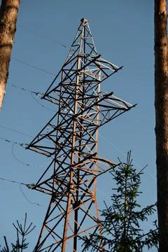 Large power line support for high voltage electrical wires Stock Photos