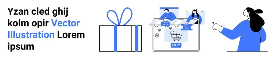 A large present, a computer screen with people using online shopping cart, an Stock Illustration