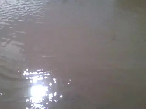 Large puddle in the middle of the street with small waves, you can see the sun Stock Footage 160232564