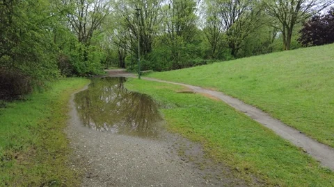 Large puddle on an uneven dirt road in a park after heavy rain. Stock Footage 332707765