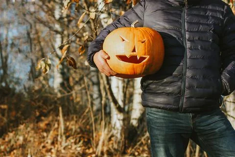 A large pumpkin in the hands of a man, close-up. Concept Halloween Party Stock Photos