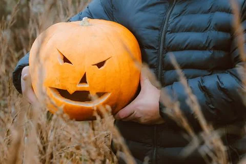 A large pumpkin in the hands of a man, close-up. Concept Halloween Party Fotos Stock
