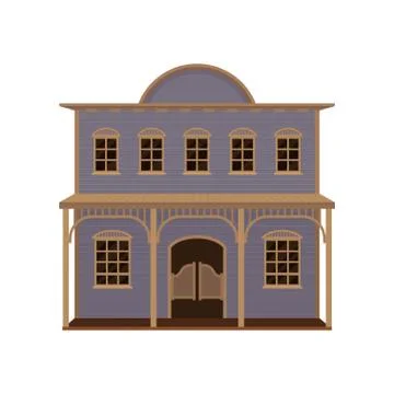 Large purple two-storey western house with wood swinging doors and porch. Old Ilustración de archivo