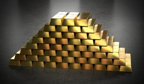 Large Pyramid Stack of Golden Ingots - 3d illustration Stock Illustration