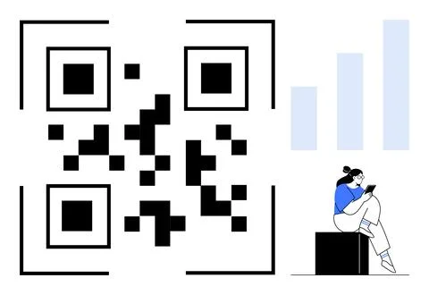 Large QR Code Alongside Woman Using Tablet with Bar Graphs in Background Stock Illustration