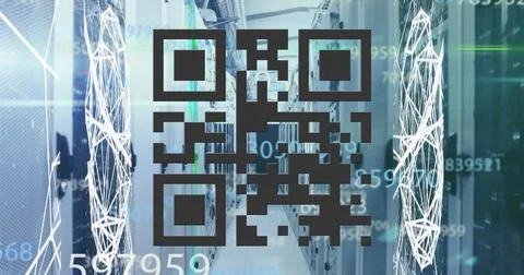 A large QR code is displayed prominently in front of server room, symbolizing Stock Photos