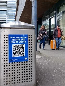 Large QR Code on a Public Trash Bin along Aurora Lane Stock Photos
