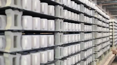 Large quantities of raw, unglazed ceramic mugs stacked on industrial carts and Stock Footage 325970468