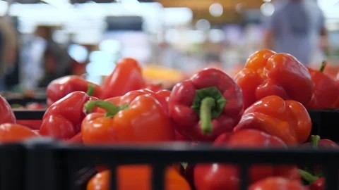 Large quantities of red peppers in boxes in a grocery store with shoppers Stock Footage 315558328