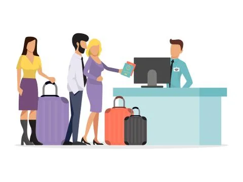 A large queue of different people at the airport. Airline queueing vector Stock Illustration