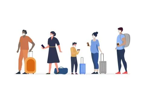 A large queue of people in the airport building waiting for boarding Stock Illustration