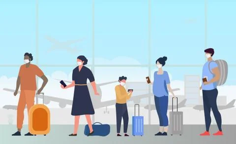 A large queue of people in the airport building waiting for boarding Stock Illustration