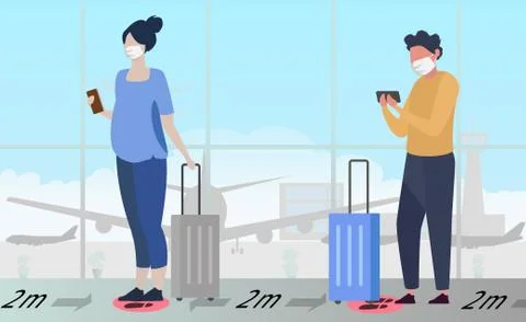A large queue of people in the airport building waiting for boarding Stock Illustration