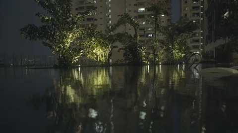 Large quiet rooftop pool by night Stock Footage 125752585