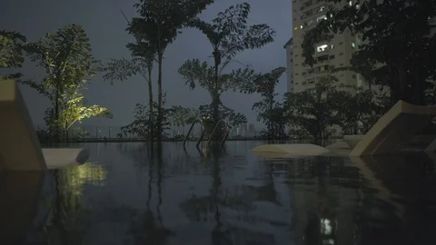 Large quiet rooftop pool by night Stock Footage 125752586
