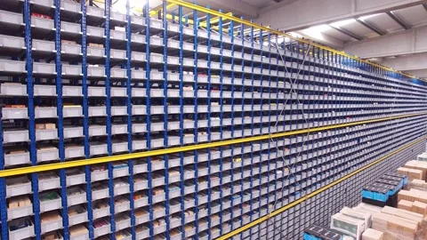 Large rack storage system. Huge warehouse. Storage style like Amazon. Stock Footage 152872564