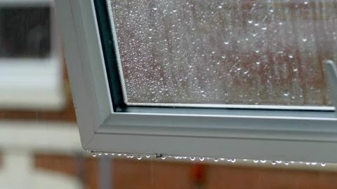 Large rain drops strike open window pane during heavy shower in England Fotos de archivo