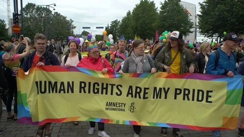 Large rainbow banner about human rights during the gay parade. Stock Footage 79824123