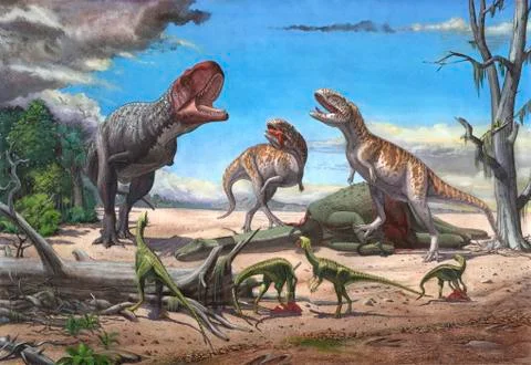 A large Rajasaurus roars in an attempt to scare two Indosuchus away from their Stock Illustration
