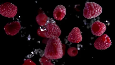 Large raspberries bouncing with splashes of water on the black background Stock Footage 287856338