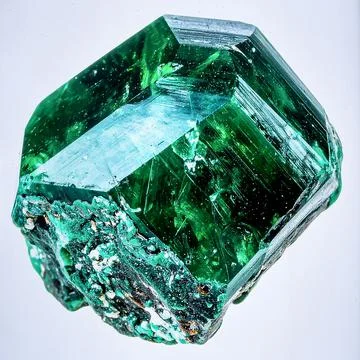 A large raw emerald crystal in matrix with deep green color and natural inc.. Stock Photos