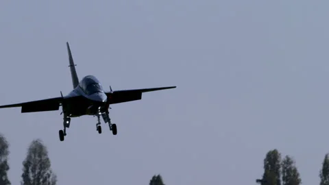 Large RC Jet Leonardo M-346 Grass Landing And Rollout Tracking Shot Stock Footage 334294209