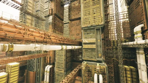 Large reactors combined with aged metallic pipes and control panels Stock Footage 342426333