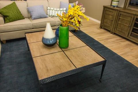 Large Rectangular Coffee Table Made Of Wood In Iron Frame Stock Photos