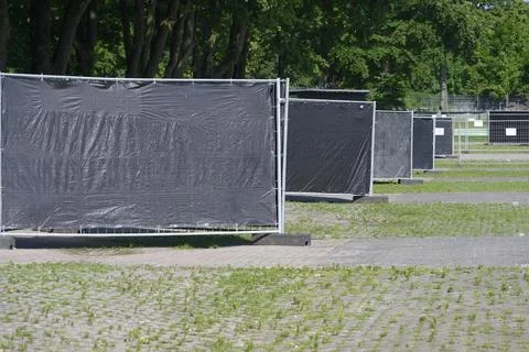 Large rectangular metal frame structures arranged in outdoor open space 스톡 사진