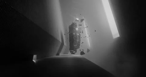 Large rectangular shape floating in a vast room CGI in black and white 스톡 동영상 255697665