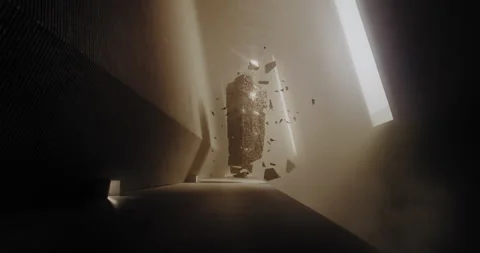 Large rectangular shape floating in a vast room in CGI sepia Stock Footage 255725319