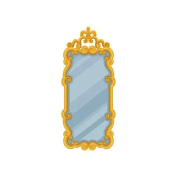 Large rectangular wall mirror with golden ornate frame. Flat vector element for Stock Illustration