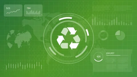 Large recycle symbol surrounded by data points and charts video for topics Stock Footage 318049672