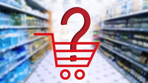 Large red 3D question mark in empty shopping cart on blur supermarket Stock Photos