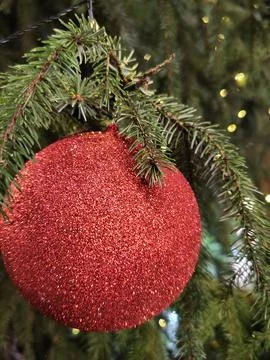 A large red ball is a toy on the Christmas tree. Stock Photos