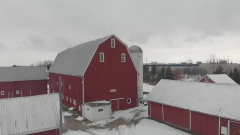 Large red barn drone footage in winter Stock Footage 124939056