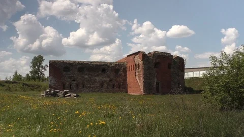 A large red brick tower. Old Fortress Building Stock Footage 130138779