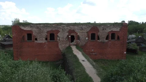 A large red brick tower. Old Fortress Building Stock Footage 130138831